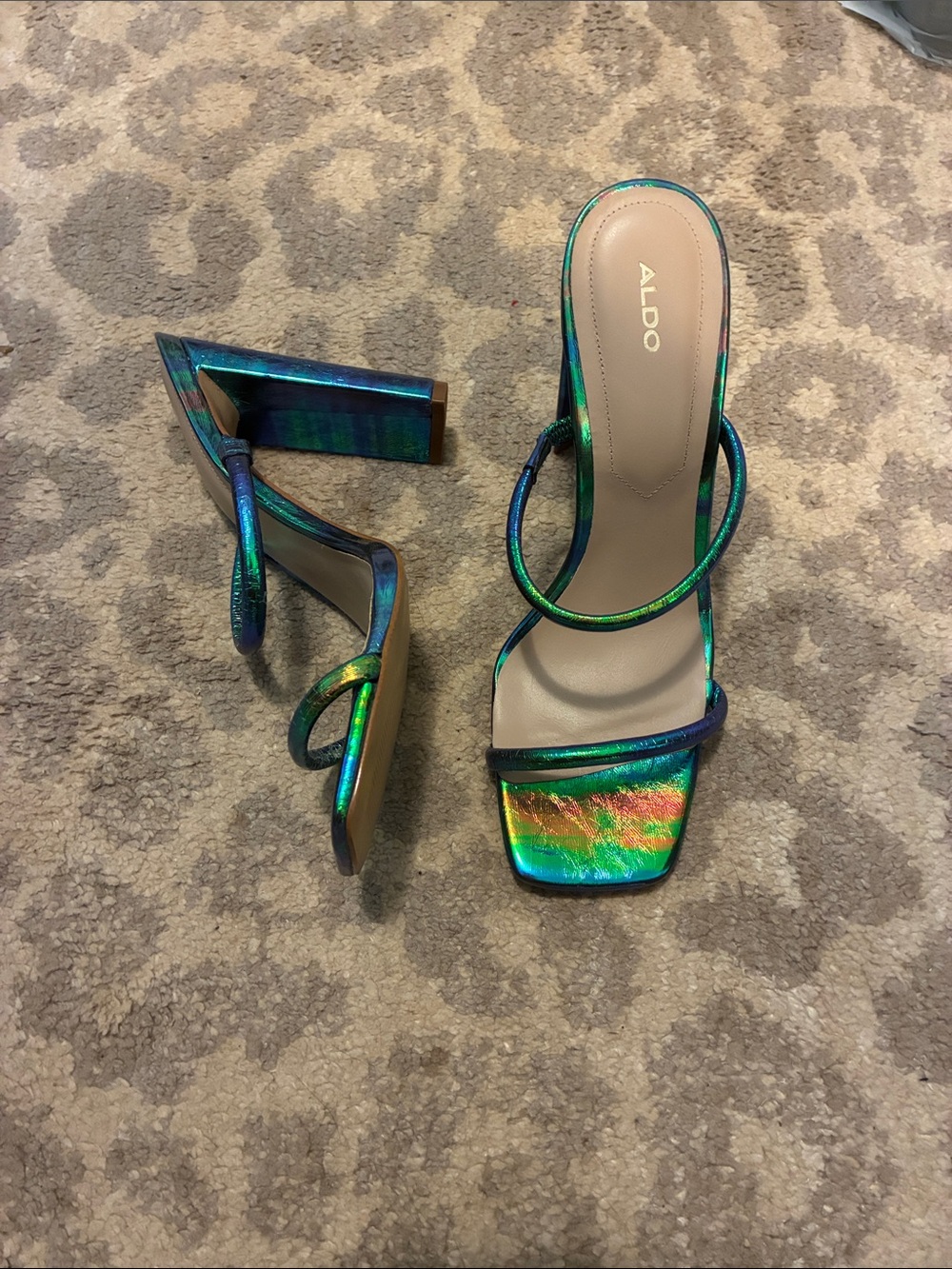 ALDO Iridescent Green-Blue Strappy Block Heel Sandal